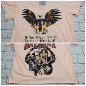 Ladies Daytona 2010 Bike Week Tee Pink Eagle Cards Dice Moto Pinup size Medium